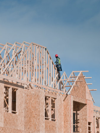 Townhome construction with wood framing.