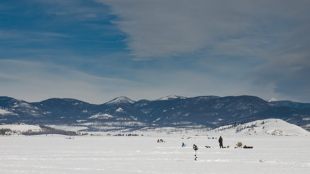 Ice fishing on Lake Granby, Colorado.のeditorial素材