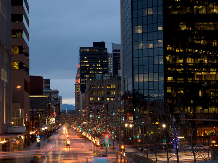 Downtown Denver at Christmas. 16th Street Mall decorated with holiday lights.のeditorial素材