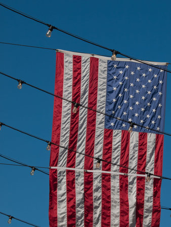 Larimer Square in Denver, Colorado with american flags.の写真素材