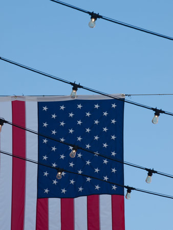 Larimer Square in Denver, Colorado with american flags.の写真素材