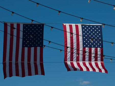 Larimer Square in Denver, Colorado with american flags.の写真素材