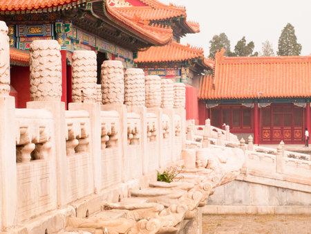 Facade and roofs details, Forbidden City in Beijing. Imperial palace in China.のeditorial素材