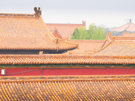 Facade and roofs details, Forbidden City in Beijing. Imperial palace in China.のeditorial素材
