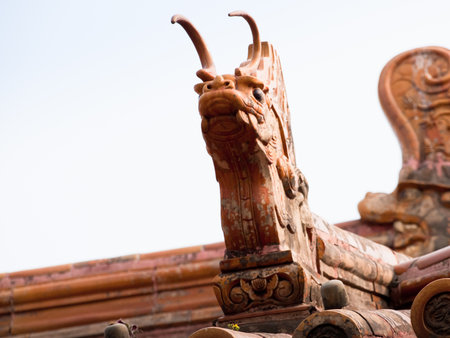 Facade and roofs details, Forbidden City in Beijing. Imperial palace in China.のeditorial素材