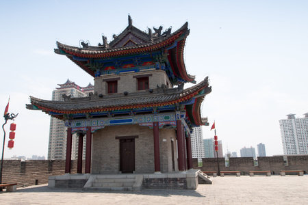 Xian ancient city wall with pagodas.