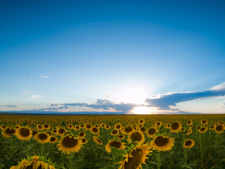Sunflower field at sunset in Colorado.のeditorial素材
