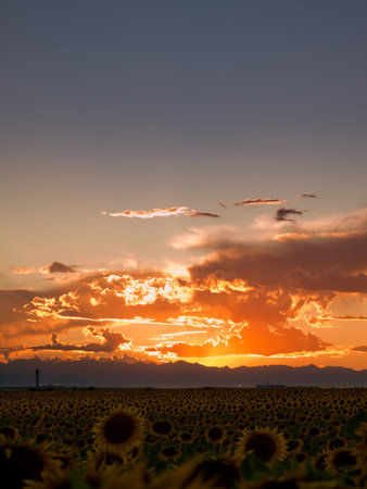 Sunflower field at sunset in Colorado.の写真素材