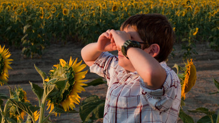 Boy in plaid shirt and glasses at sunflower field.の写真素材