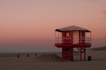 Sunset at lifeguard station in Michigan City.のeditorial素材