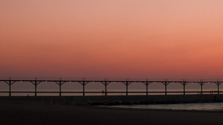 Sunset at Michigan City Lighthouse, Michigan City Indiana.のeditorial素材