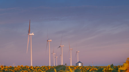 Wind turbines over a beautiful sunflowers field in Limon, Colorado.のeditorial素材