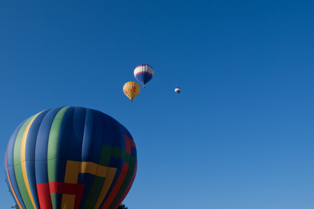 Hot air balloons in a field during a festival in Loveland, Colorado.のeditorial素材
