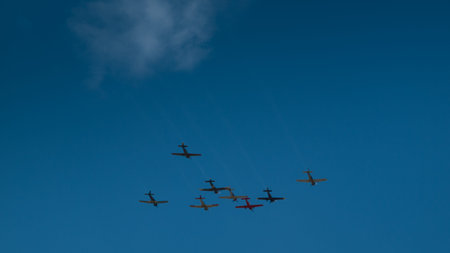 Vintage airplane flying in formation at the Rocky Mountain Airshow in Broomfield, Colorado.