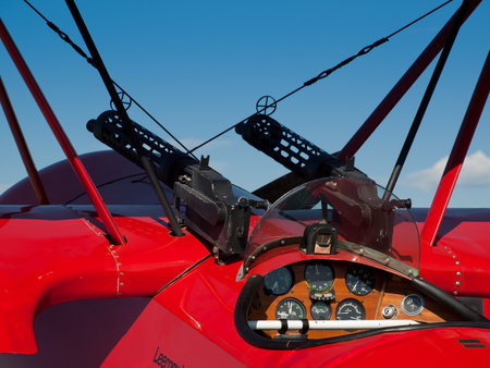 Old red biplane at the Rocky Mountain Airshow in Broomfield, Colorado.のeditorial素材