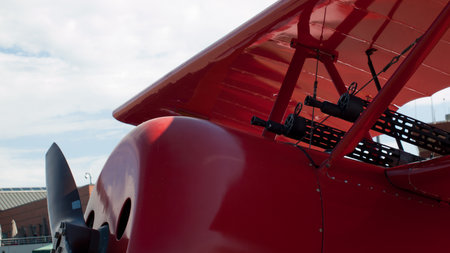 Old red biplane at the Rocky Mountain Airshow in Broomfield, Colorado.のeditorial素材