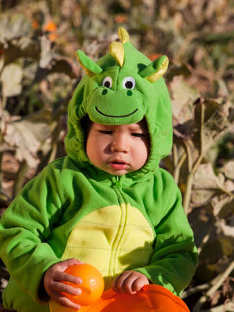 Toddler dressed up in cute costumes at the pumpkin patch.の写真素材