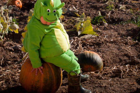 Toddler dressed up in cute costumes at the pumpkin patch.のeditorial素材