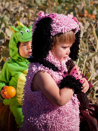 Toddlers dressed up in cute costumes at the pumpkin patch.のeditorial素材