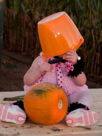 Toddler dressed up in cute costumes at the pumpkin patch.のeditorial素材