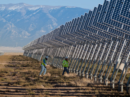A series of large solar panels forms a symmetrical line at a power plant in the San Luis Valley of...