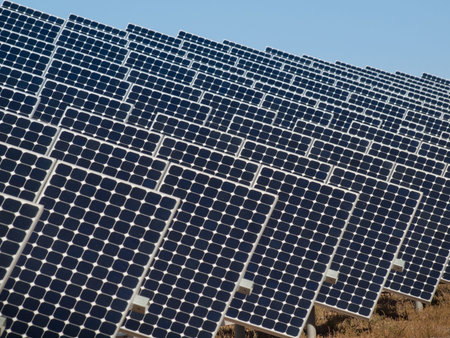 A series of large solar panels forms a symmetrical line at a power plant in the San Luis Valley of...