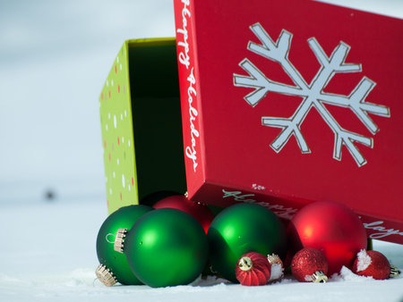 Christmas ornaments in virgin snow.