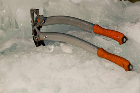 Ice climbing equipment on snow.のeditorial素材