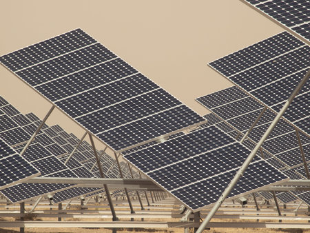 A series of large solar panels forms a symmetrical line at a power plant in the San Luis Valley of...