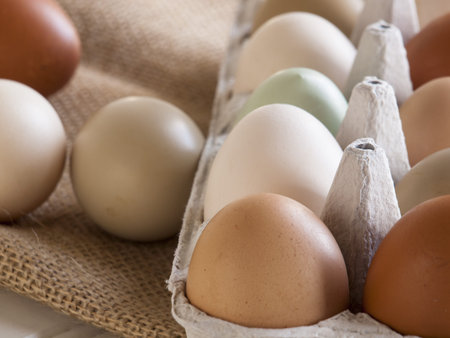 Fresh multi-color farm eggs on the table.