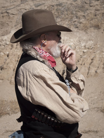 Cowboy Action Shooting Club. The firearms used are based on those which existed in the 19th century American West, i.e. lever action rifle, single action revolver, and shotgun.のeditorial素材