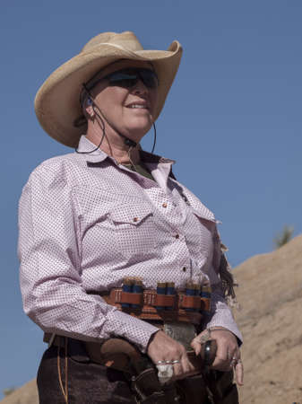 Cowboy Action Shooting Club. The firearms used are based on those which existed in the 19th century American West, i.e. lever action rifle, single action revolver, and shotgun.のeditorial素材