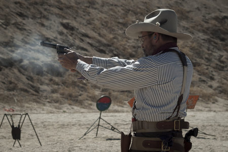 Cowboy Action Shooting Club. The firearms used are based on those which existed in the 19th century American West, i.e. lever action rifle, single action revolver, and shotgun.のeditorial素材