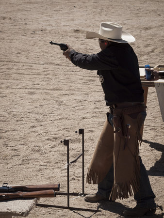Cowboy Action Shooting Club. The firearms used are based on those which existed in the 19th century American West, i.e. lever action rifle, single action revolver, and shotgun.のeditorial素材