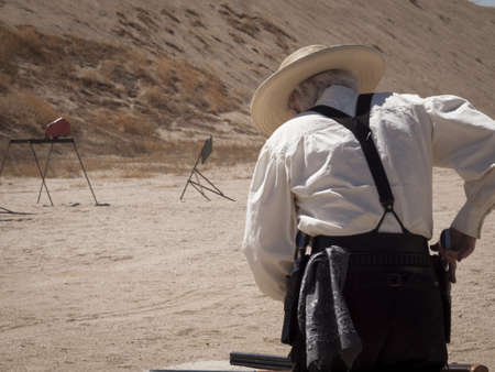 Cowboy Action Shooting Club. The firearms used are based on those which existed in the 19th century American West, i.e. lever action rifle, single action revolver, and shotgun.のeditorial素材