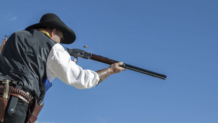 Cowboy Action Shooting Club. The firearms used are based on those which existed in the 19th century American West, i.e. lever action rifle, single action revolver, and shotgun.のeditorial素材