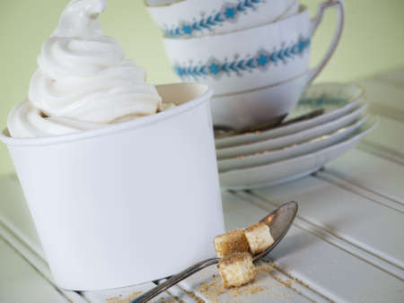 Cup of cheesecake frozen yogurt or soft serve ice cream.の写真素材