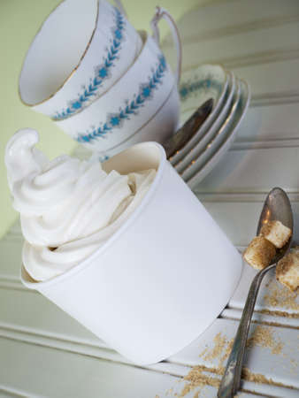 Cup of cheesecake frozen yogurt or soft serve ice cream.の写真素材