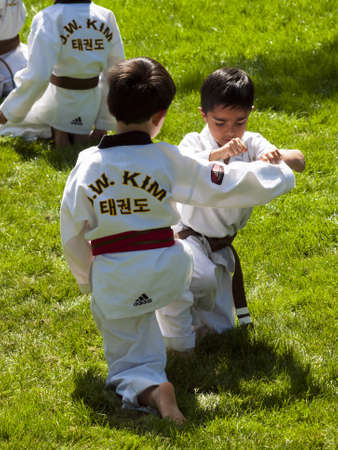 2012 J. W. Kim Tae Kwon Do school belt test in the park.のeditorial素材