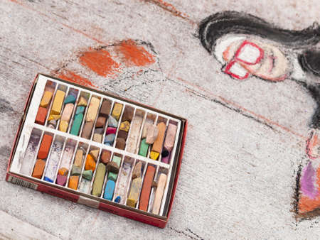 Chalks on the street during Chalk Art Festival in Denver, Colorado.のeditorial素材