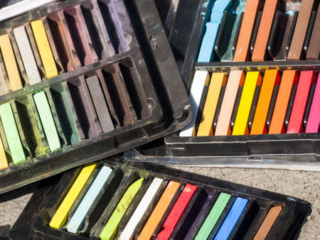 Chalks on the street during Chalk Art Festival in Denver, Colorado.の写真素材