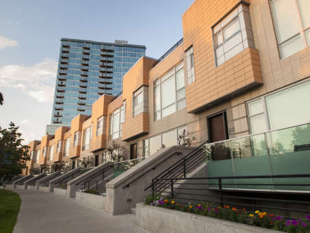 Riverfront development at sunset in Denver, Colorado.のeditorial素材