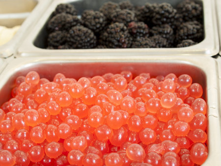 Frozen yogurt toppings bar. Yogurt toppings ranging from fresh fruits, nuts, fresh-cut candies, syrups and sprinkles.の写真素材