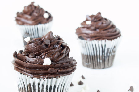 Gourmet quadruple chocolate cupcakes on white background.