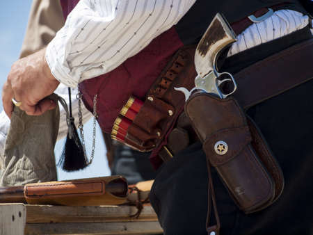 2012 annual match of Colorado Shaketails Cowboy Action Shooting SASS Club.  The firearms used are based on those which existed in the 19th century American West, i.e. lever action rifle, single action revolver, and shotgun.のeditorial素材
