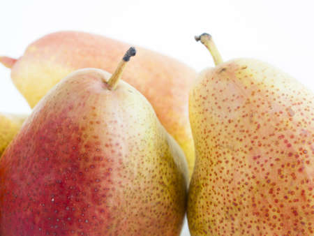 Ripe pear on white background. The cultivation of the pear in cool temperate climates extends to the remotest antiquity, and there is evidence of its use as a food since prehistoric times.の写真素材