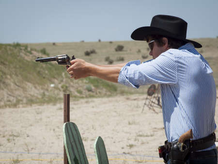 2012 annual match of Colorado Shaketails Cowboy Action Shooting SASS Club.  The firearms used are based on those which existed in the 19th century American West, i.e. lever action rifle, single action revolver, and shotgun.のeditorial素材