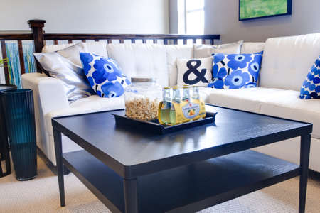 Modern living room with couch and coffee table.のeditorial素材