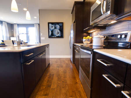 Modern kitchen with wood cabinets and stainless appliances.のeditorial素材