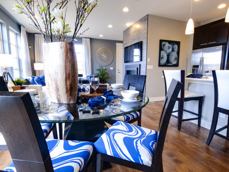 Modern dining room with table and chair.